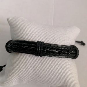 Black Leather Bracelet With Braided Center Strand